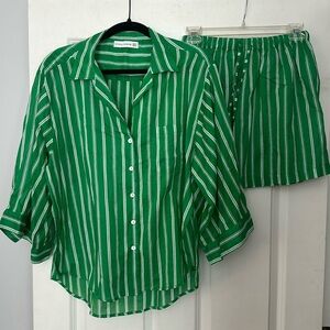 Faithfull the Brand Green and White Striped Button-Up Shirt and Shorts Set